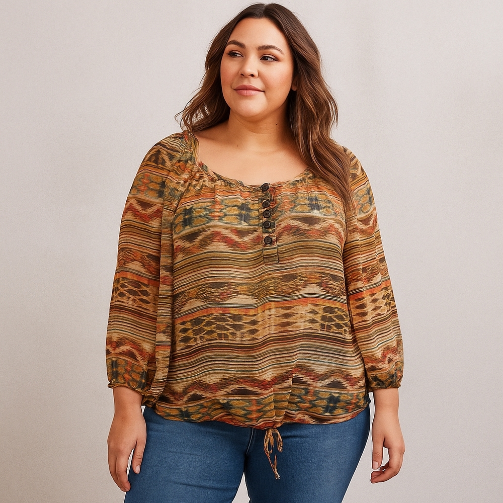 Speechless Boho Drawstring Blouse 1X – Multicolor Tribal Print Peasant Top